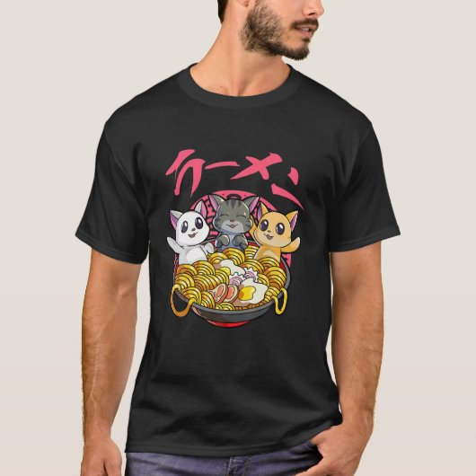 かわいい猫ラーメン日本のねこ麺アニメキャットロー Tシャツ (正面)