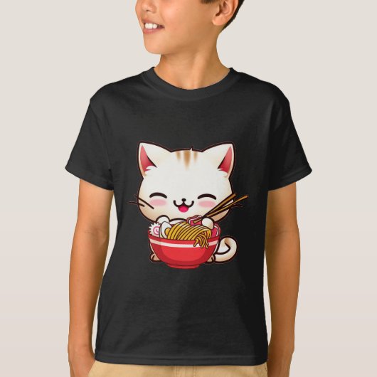 かわいい猫ラーメン日本の大好きおもしろい食アニメGi Tシャツ (正面)