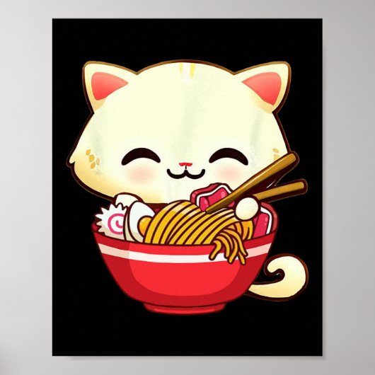 かわいい猫ラーメン日本の食べおもしろい物アニメT ポスター (正面)