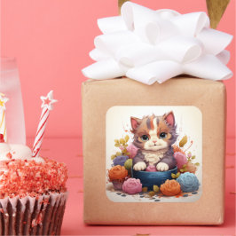 かわいい猫ヴィンテージシール スクエアシール