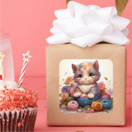 かわいい猫ヴィンテージシール スクエアシール