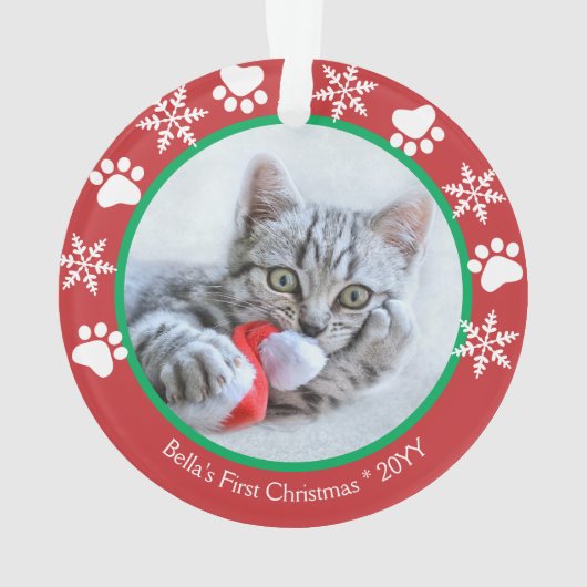 かわいい猫初めてのクリスマススノーフレーク手プリント赤 オーナメント (裏面)