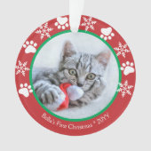かわいい猫初めてのクリスマススノーフレーク手プリント赤 オーナメント (正面)