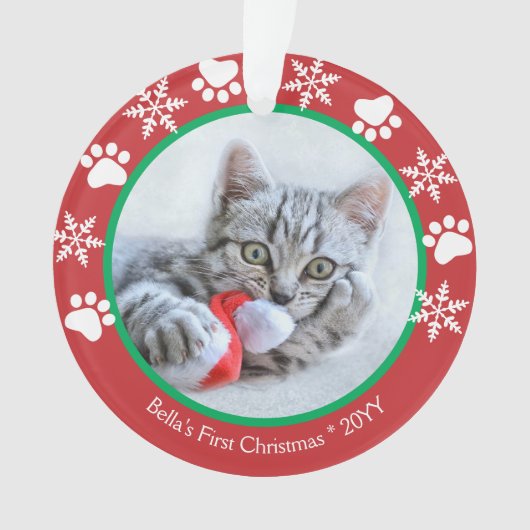 かわいい猫初めてのクリスマススノーフレーク手プリント赤 オーナメント (正面)