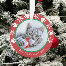 かわいい猫初めてのクリスマススノーフレーク手プリント赤 オーナメント