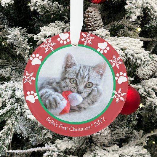 かわいい猫初めてのクリスマススノーフレーク手プリント赤 オーナメント