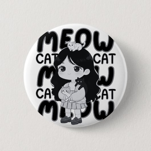 かわいい猫好きのちび女子イラスト 缶バッジ (正面)