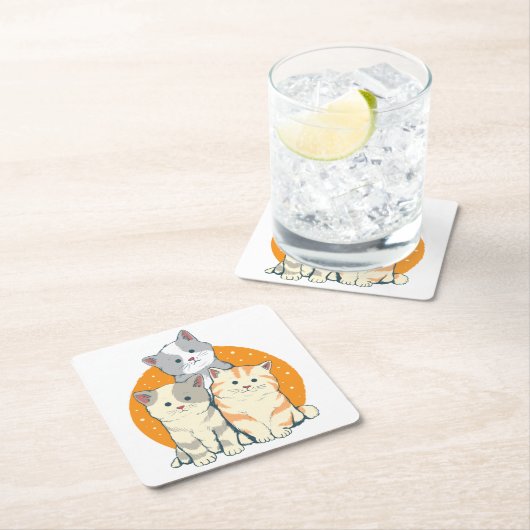 かわいい猫好きギフト子猫子猫グレーオレンジ猫 スクエアペーパーコースター (インサイチュ)