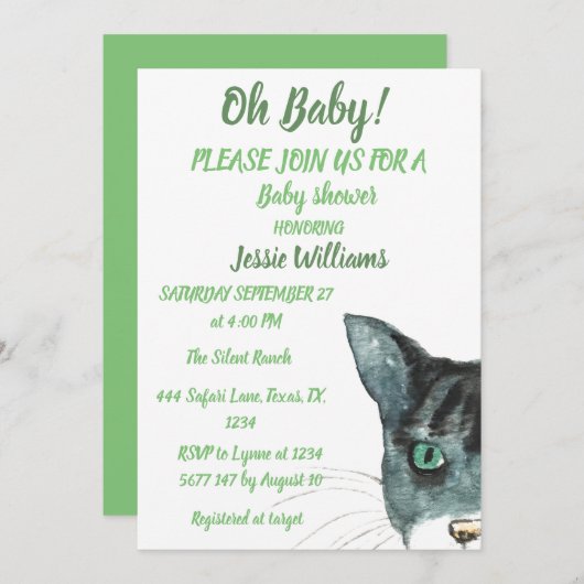 かわいい猫子猫キッテングリーン男の赤ちゃんガール 招待状 (正面/裏面)