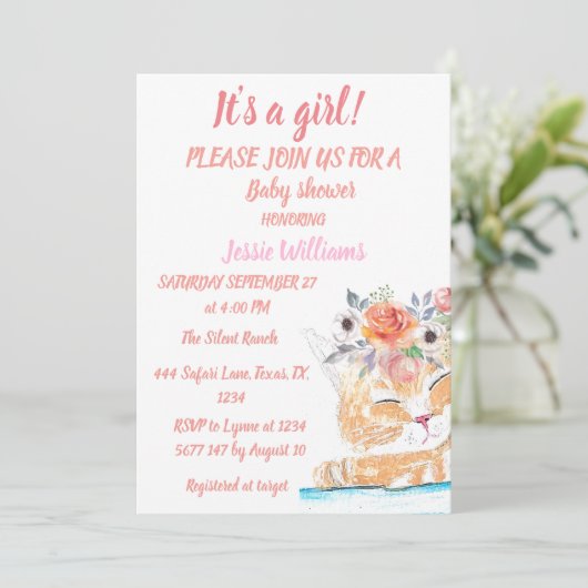 かわいい猫子猫キッテンピンクフローラベビーガールボホ 招待状 (スタンド正面)