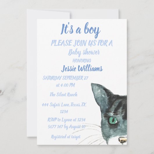 かわいい猫子猫キッテンブルー男の赤ちゃんシャワー 招待状 (正面)