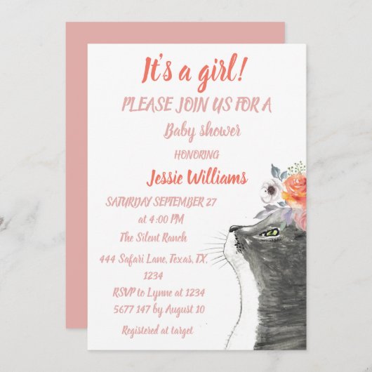 かわいい猫子猫子猫ピンクガール赤ちゃんシャワー招待券 招待状 (正面/裏面)