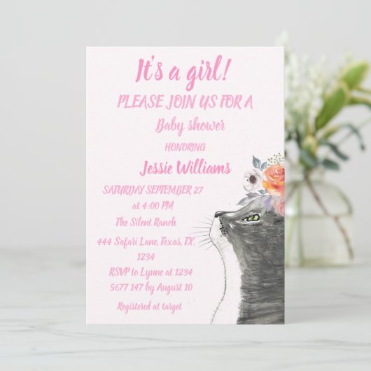 かわいい猫子猫子猫ピンクガール赤ちゃんシャワー 招待状 (スタンド正面)