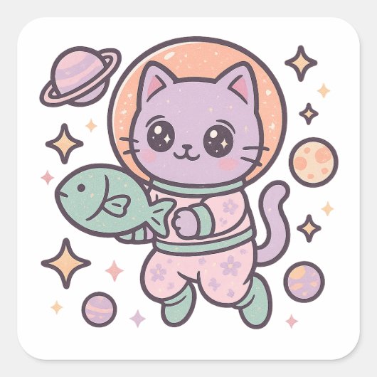 かわいい猫宇宙飛行士宇宙シール スクエアシール (正面)