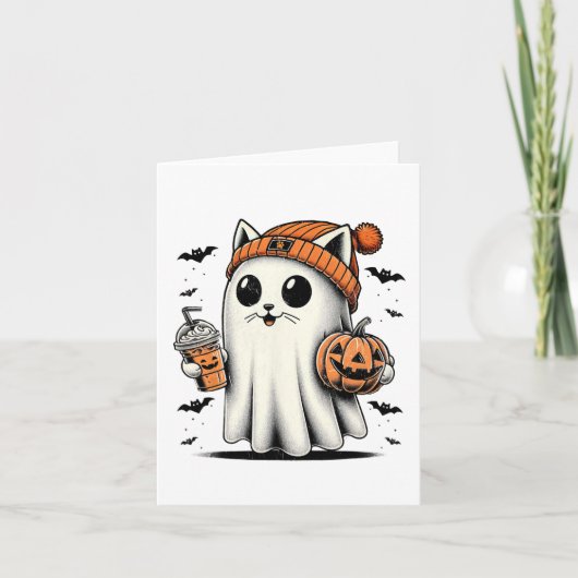 かわいい猫幽霊アイスコーヒーおもしろい幽霊ハロウィーンI カード (正面)