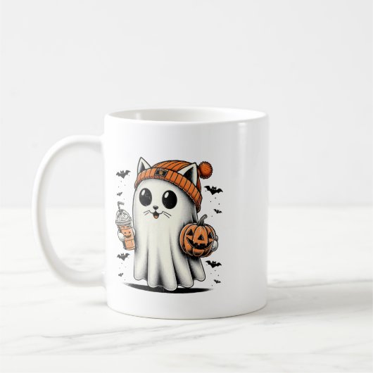 かわいい猫幽霊アイスコーヒーおもしろい幽霊ハロウィーンI コーヒーマグカップ (左)