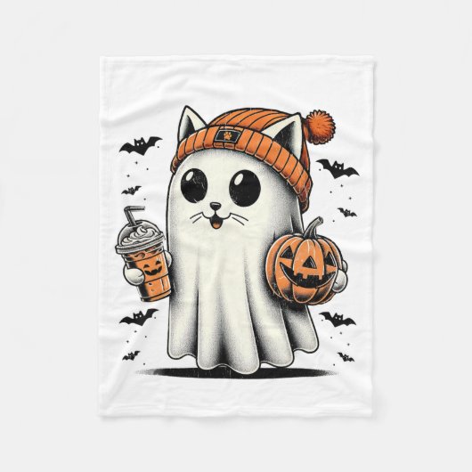 かわいい猫幽霊アイスコーヒーおもしろい幽霊ハロウィーンI フリースブランケット (正面)