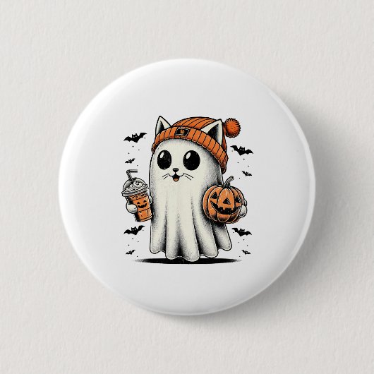かわいい猫幽霊アイスコーヒーおもしろい幽霊ハロウィーンI 缶バッジ (正面)