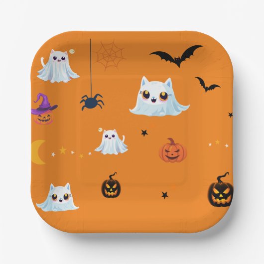 かわいい猫幽霊シートハロウィーンカボチャパーティー ペーパープレート (正面)