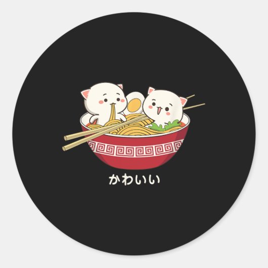 かわいい猫日本の東京アニメ猫ラーメンTシャツ ラウンドシール (正面)