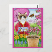 かわいい猫春ガーデンピンク葉書 ポストカード (正面/裏面)