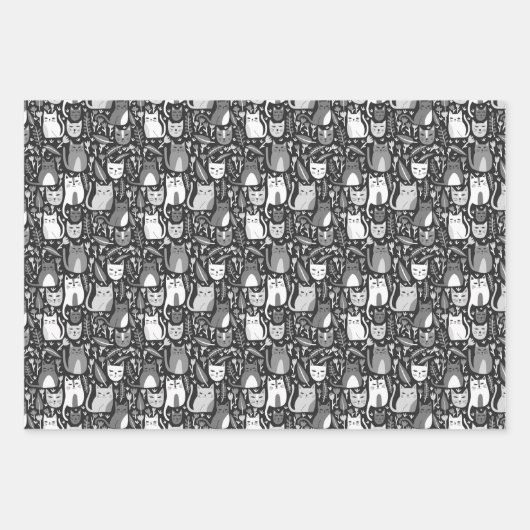 かわいい猫植物花パターングレー白いプレゼント ラッピングペーパーシート (正面2)