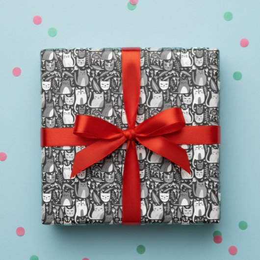 かわいい猫植物花パターングレー白いプレゼント ラッピングペーパーシート