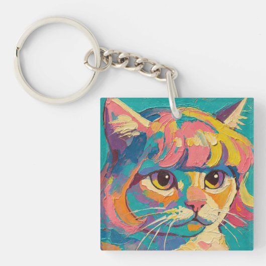 かわいい猫油絵 (#5) キーホルダー (正面)