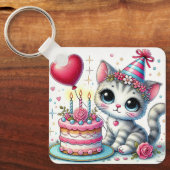 かわいい猫祝の誕生日とケーキ キーホルダー (正面)