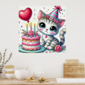 かわいい猫祝の誕生日とケーキ ポスター (キッチン)