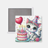かわいい猫祝の誕生日とケーキ マグネット (正面/裏面)