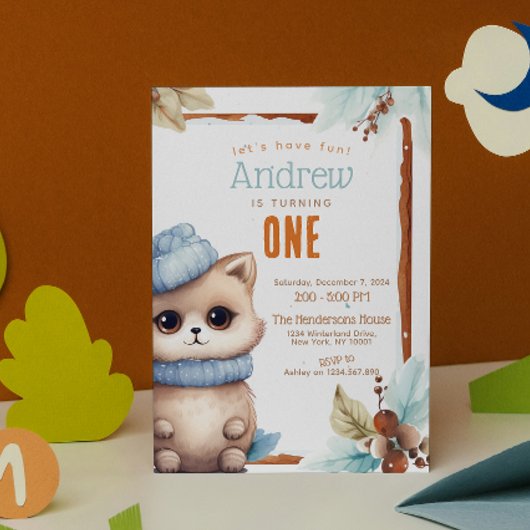 かわいい猫秋冬カスタムの誕生日パーティー 招待状