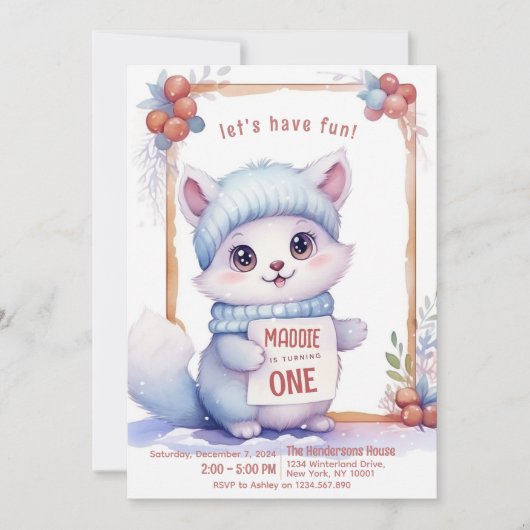 かわいい猫秋冬カスタムの誕生日パーティー 招待状 (正面)