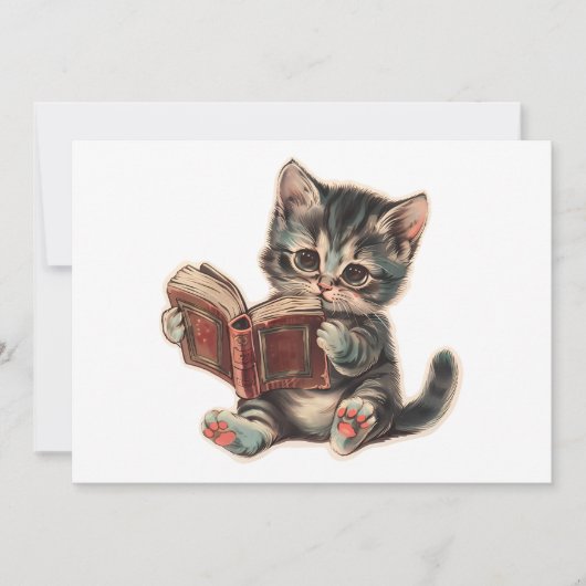 かわいい猫読の本レトロな子どもイラストレーション 招待状 (正面)