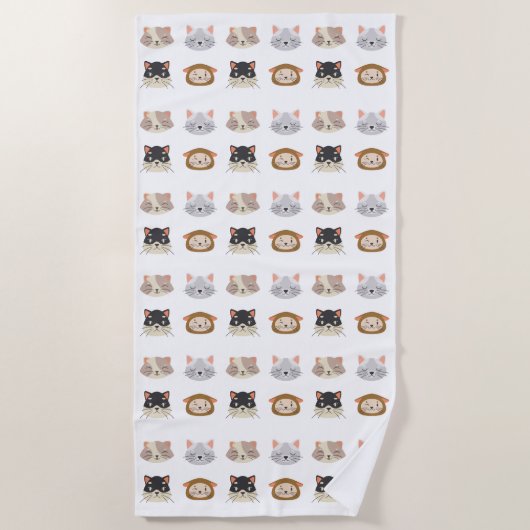 かわいい猫頭柄の柄 ビーチタオル (正面)
