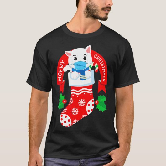かわいい猫顔マスクおもしろいクリスマスパジャマ Tシャツ (正面)