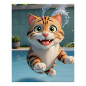 かわいい猫飛んでいるがプールで泳ぐおもしろい ポスター (正面)