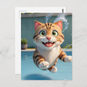 かわいい猫飛んでいるがプールで泳ぐおもしろい ポストカード (正面/裏面)