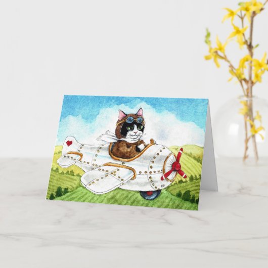 かわいい猫飛行機ボンボヤージグリーティングカード カード (黄色い花)