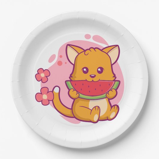 かわいい猫食べのスイカ |かわいい ペーパープレート (正面)