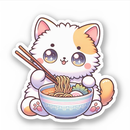 かわいい猫食べのラーメンカスタムのビニール貼り シール (正面)