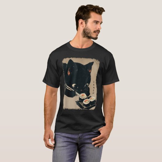 かわいい猫食べの寿司アニメ日本のキュート猫 Tシャツ (正面フル)