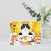 かわいい猫食べの朝食はがき ポストカード (スタンド正面)