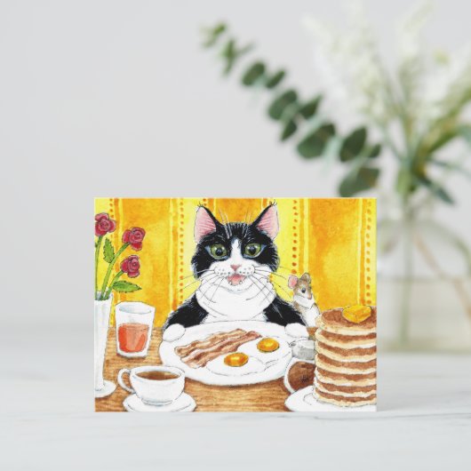 かわいい猫食べの朝食はがき ポストカード (スタンド正面)