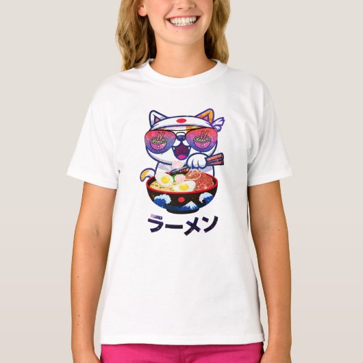 かわいい猫食べラーメン Tシャツ (正面)