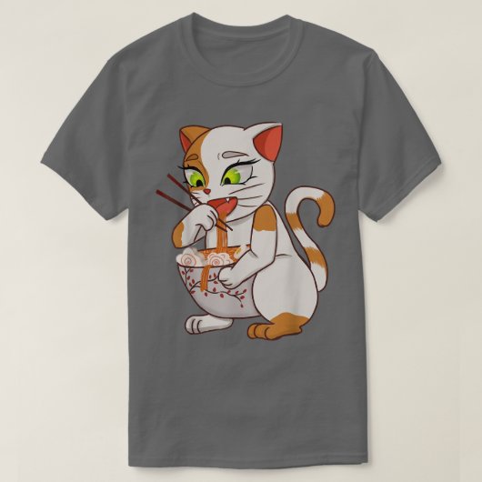 かわいい猫食べラーメンANIME日本の麺 Tシャツ (デザイン正面)