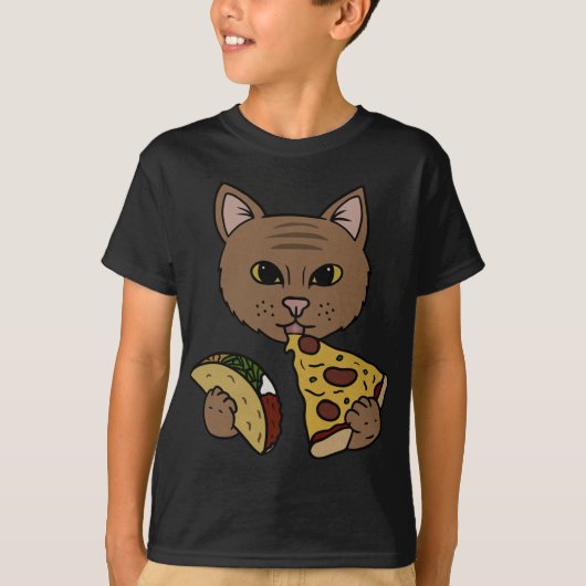 かわいい猫食べ物のピザとタコス Tシャツ (正面)