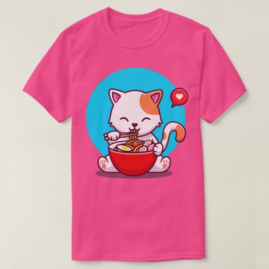 かわいい猫食べ物の箸付き麺 Tシャツ (デザイン正面)