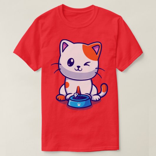 かわいい猫食べ物の魚の漫画 Tシャツ (デザイン正面)