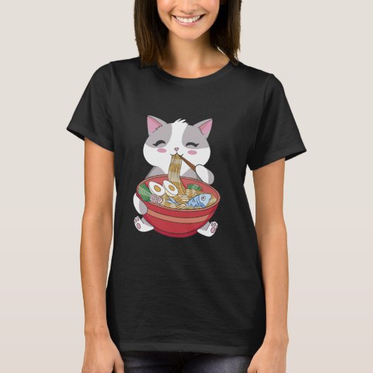 かわいい猫食べ物ラーメン Tシャツ (正面)